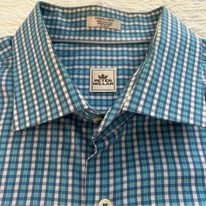 Peter Millar 100% Cotton Button Up Sawgrass Embroidered Men’s Blue Plaid Sz XL